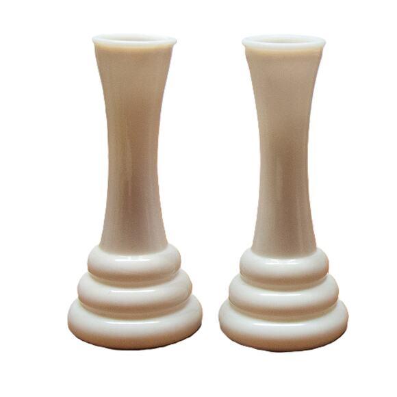 Vintage Mid-Century Mod Beehive Donut Ring Vase RANDDALL White Milk Glass Pair - Picture 1 of 3